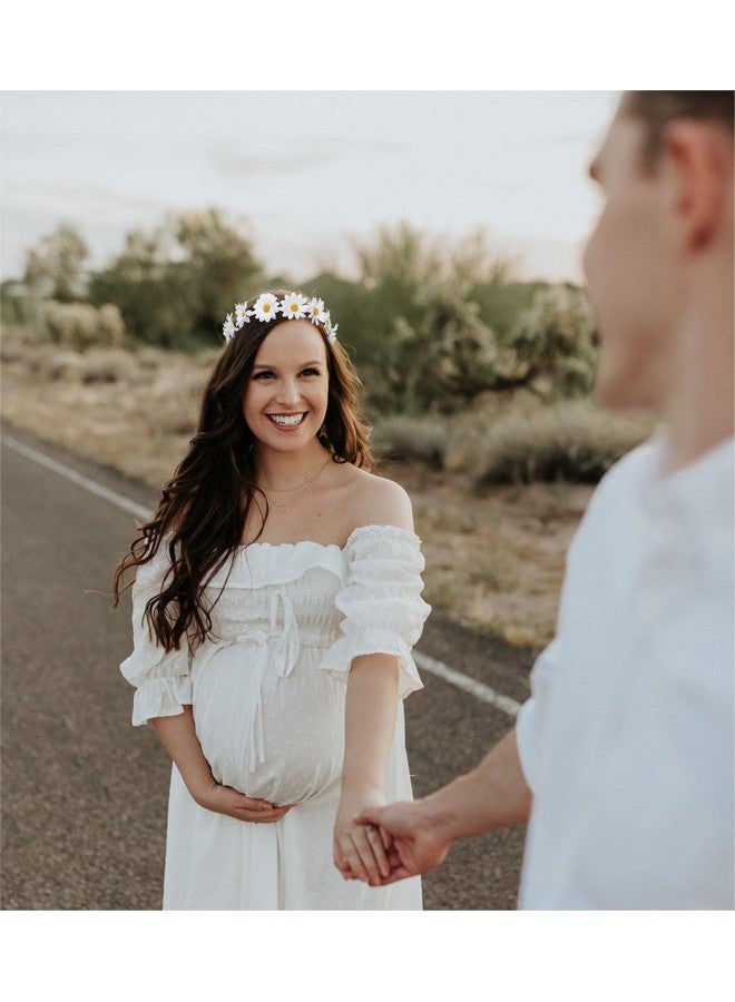 WOVOWOVO 2 Packs Daisy Flower Crown Headbands For Women Baby Girl, Sunflower Hippie Hair Accessories Fall Floral Crowns Hair Bands Handmade Bridal Headpiece Photo Props Party Vacation (White) - Image 1