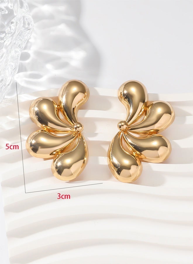 Gold Plated 3D Sculptural Flower Stud Earrings for Women, Hypoallergenic Puffed Metallic Design for Evening Party Glam & Ideal Gift for Ladies - Image 4