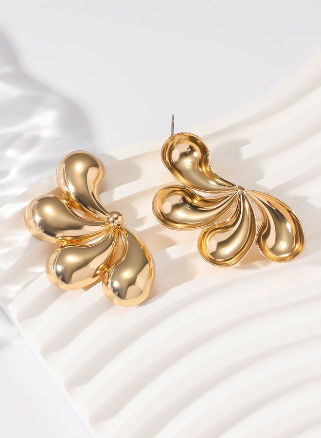 Gold Plated 3D Sculptural Flower Stud Earrings for Women, Hypoallergenic Puffed Metallic Design for Evening Party Glam & Ideal Gift for Ladies - Image 3