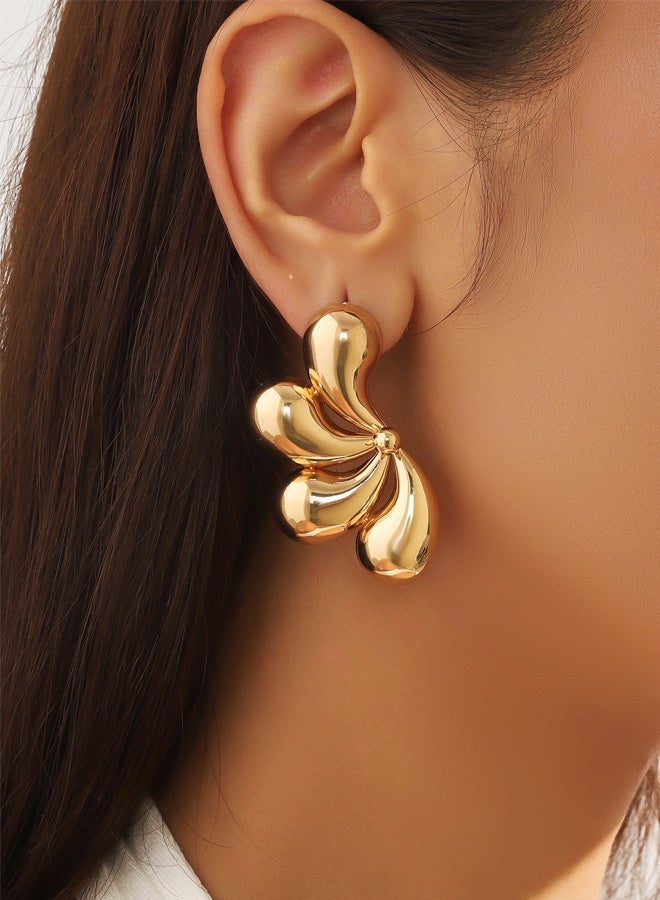 Gold Plated 3D Sculptural Flower Stud Earrings for Women, Hypoallergenic Puffed Metallic Design for Evening Party Glam & Ideal Gift for Ladies - Image 2