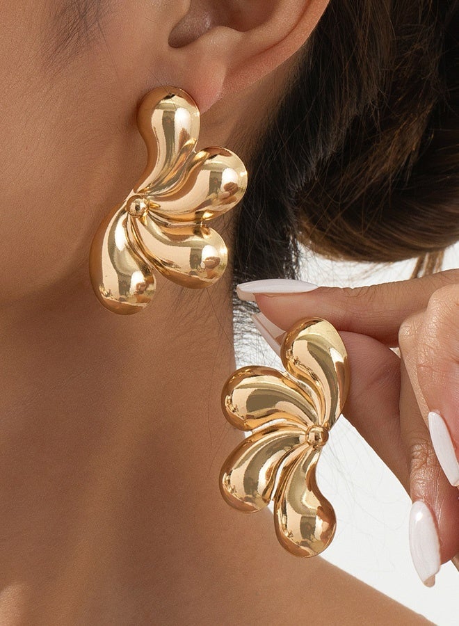Gold Plated 3D Sculptural Flower Stud Earrings for Women, Hypoallergenic Puffed Metallic Design for Evening Party Glam & Ideal Gift for Ladies - Image 1