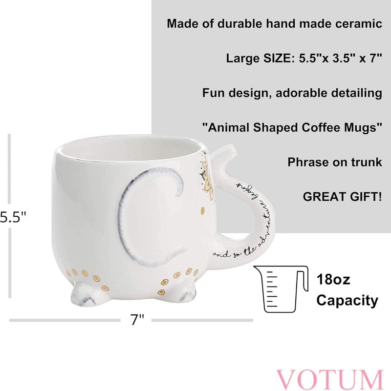 VOTUM White Ceramic Coffee or Tea Mugs: Elephant Coffee Mug with Hand Printed Designs and Printed Saying - 18.6 Fluid Ounce Large, Cute Handmade Cup - Image 2