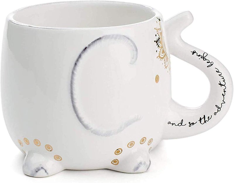 VOTUM White Ceramic Coffee or Tea Mugs: Elephant Coffee Mug with Hand Printed Designs and Printed Saying - 18.6 Fluid Ounce Large, Cute Handmade Cup - Image 1