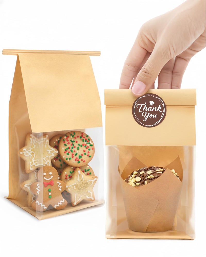 Bake Choice 50 Pcs Small Cookie Bags with Seal, 3.9x3.1x8.2 Inches Tin Tie Tab Lock Bakery Bags with Window, Resealable Paper Cookie Packaging Bag for Muffin, Treat, Brownie, Candies, Granola - Image 1