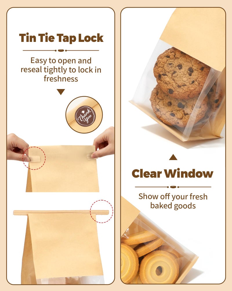 Bake Choice 50 Pcs Small Cookie Bags with Seal, 3.9x3.1x8.2 Inches Tin Tie Tab Lock Bakery Bags with Window, Resealable Paper Cookie Packaging Bag for Muffin, Treat, Brownie, Candies, Granola - Image 3