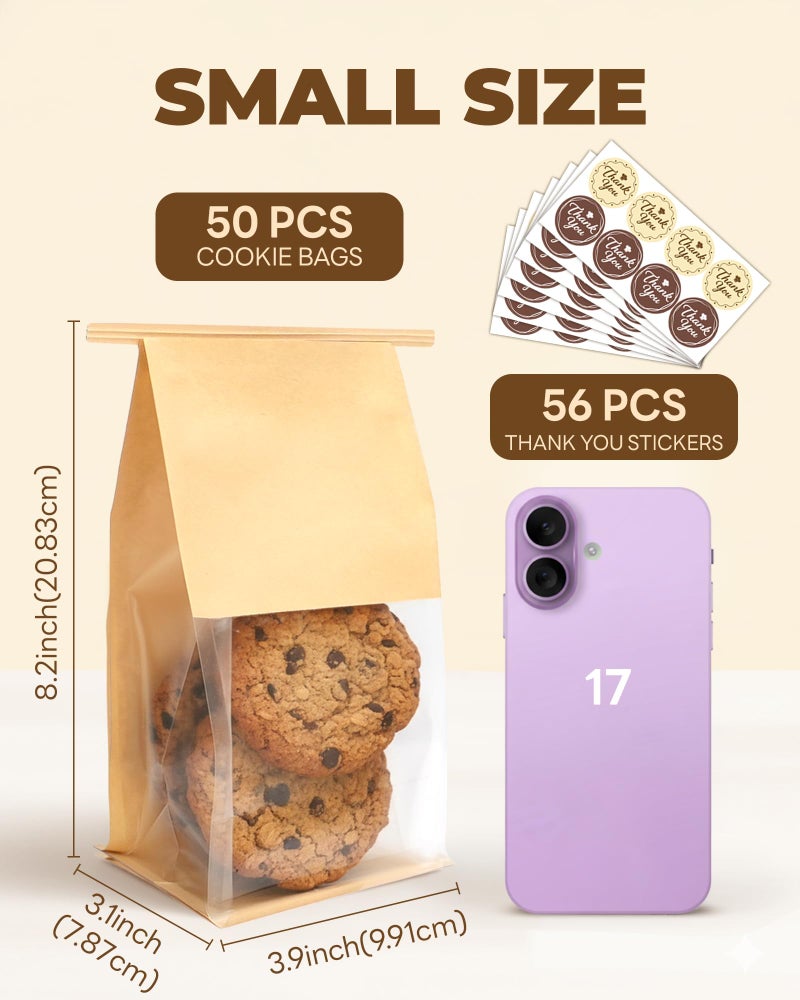 Bake Choice 50 Pcs Small Cookie Bags with Seal, 3.9x3.1x8.2 Inches Tin Tie Tab Lock Bakery Bags with Window, Resealable Paper Cookie Packaging Bag for Muffin, Treat, Brownie, Candies, Granola - Image 2