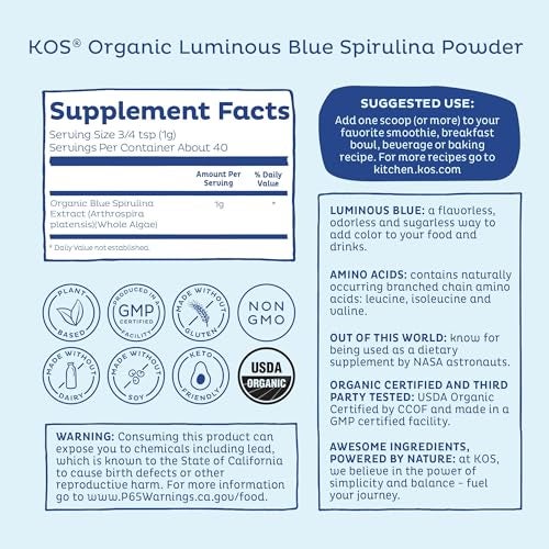 KOS USDA Organic Blue Spirulina Powder, Phycocyanin - Vegan Algae Superfood - Natural Food Coloring for Smoothies & Protein Drinks, Plant Based, Non GMO - 27 Servings - Image 4