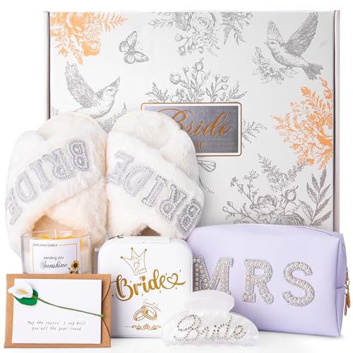 Doublewhale Bridal Shower Gifts for Bride to Be 7PCS Gift Set with Bride Slippers Mrs Jewelry Box Bride Hair Clip Scented Candle Cosmetic Bag Greeting Card with Gift Box for Wedding Engagement Bachelorette - Image 1