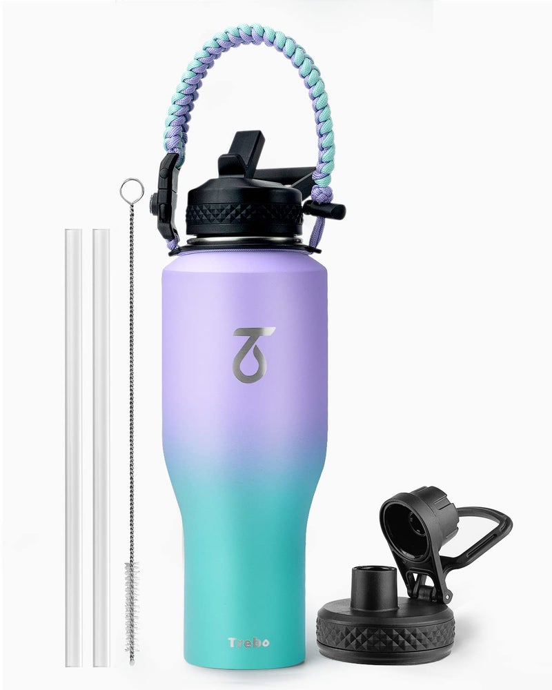 Trebo 40oz Insulated Water Bottle that Fits in Cup Holder Stainless Steel Double Wall Tumbler Bottles with Paracord Handle Flask with Straw Spout Lids Keep Cold for 48 HrsHot 24 HrsCotton Candy