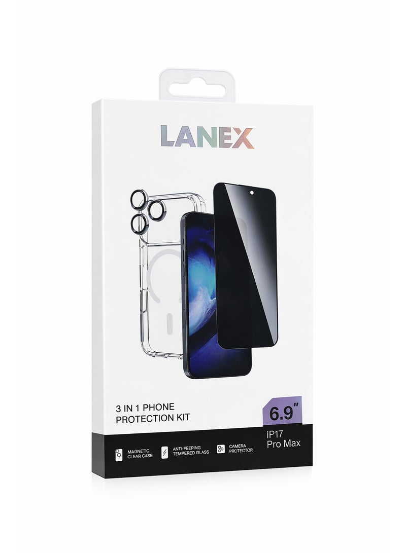 لانيكس باكدج حماية متكامل 3 في 1 متوافق مع هاتف 17 برو ماكس (6.9 بوصة) من لانكس - جراب شفاف مغناطيسي + سكرين خصوصية (برايفسي) + واقي عدسات - Image 1