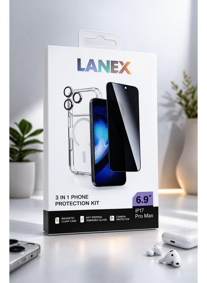 لانيكس باكدج حماية متكامل 3 في 1 متوافق مع هاتف 17 برو ماكس (6.9 بوصة) من لانكس - جراب شفاف مغناطيسي + سكرين خصوصية (برايفسي) + واقي عدسات - Image 2