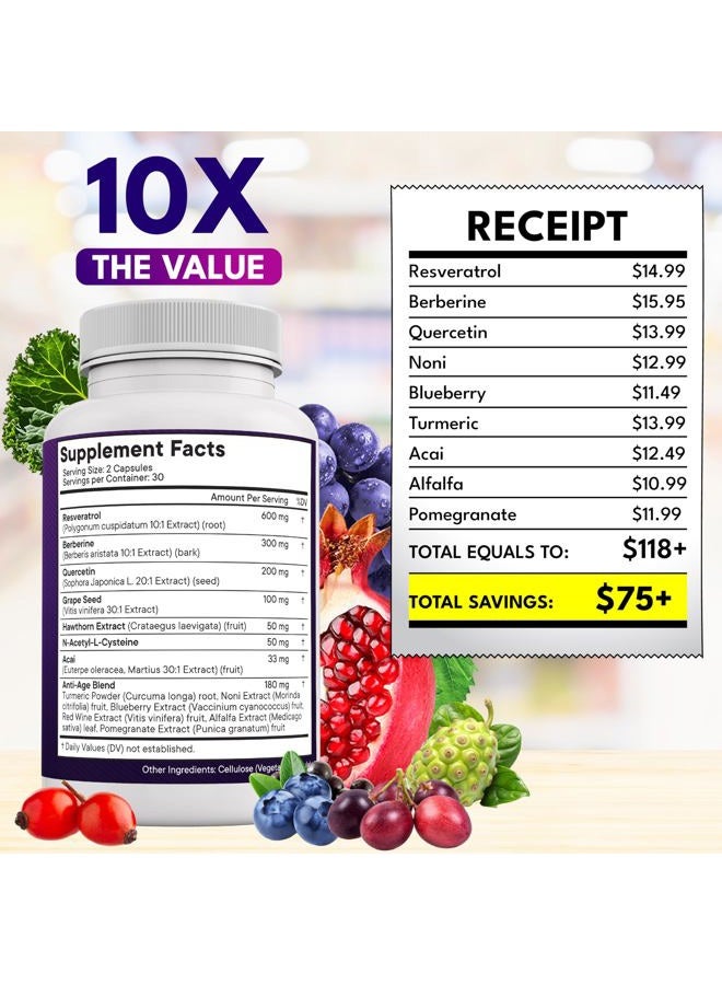 New Age Resveratrol, Berberine, Grape Seed Extract, Quercetin, Polyphenol Supplement for Women and Men with Noni Extract, N-Acetyl Cysteine, Acai Extract - 120 Capsules - Image 5