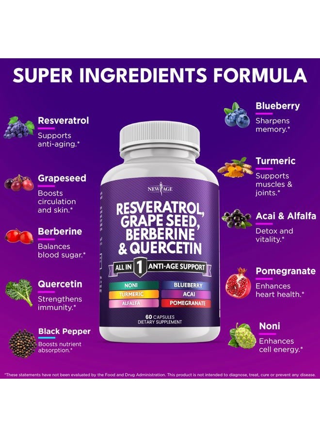 New Age Resveratrol, Berberine, Grape Seed Extract, Quercetin, Polyphenol Supplement for Women and Men with Noni Extract, N-Acetyl Cysteine, Acai Extract - 120 Capsules - Image 2