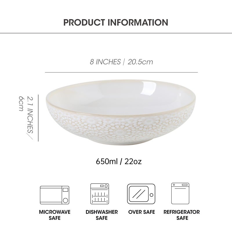 Feenmai 8" Ceramic Pasta Bowls, 22 Oz Serving Bowls Set of 4, Porcelain Shallow Soup Bowl, Embossed Serving Dishes for Pasta, Fruit, Salad, Housewarming Gift, Dishwasher Safe - Image 3