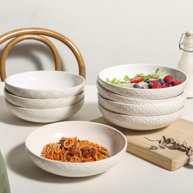 Feenmai 8" Ceramic Pasta Bowls, 22 Oz Serving Bowls Set of 4, Porcelain Shallow Soup Bowl, Embossed Serving Dishes for Pasta, Fruit, Salad, Housewarming Gift, Dishwasher Safe - Image 4