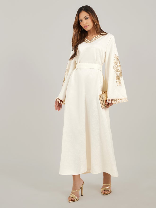 Styli Amirah Embroidered Detail Jacquard Jalabiya with Tassel and Lace Trim  - Image 1
