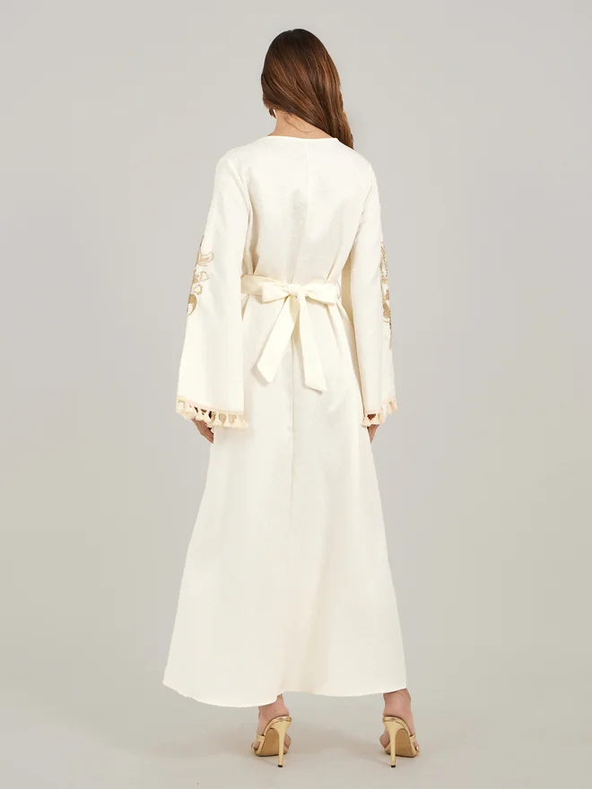 Styli Amirah Embroidered Detail Jacquard Jalabiya with Tassel and Lace Trim