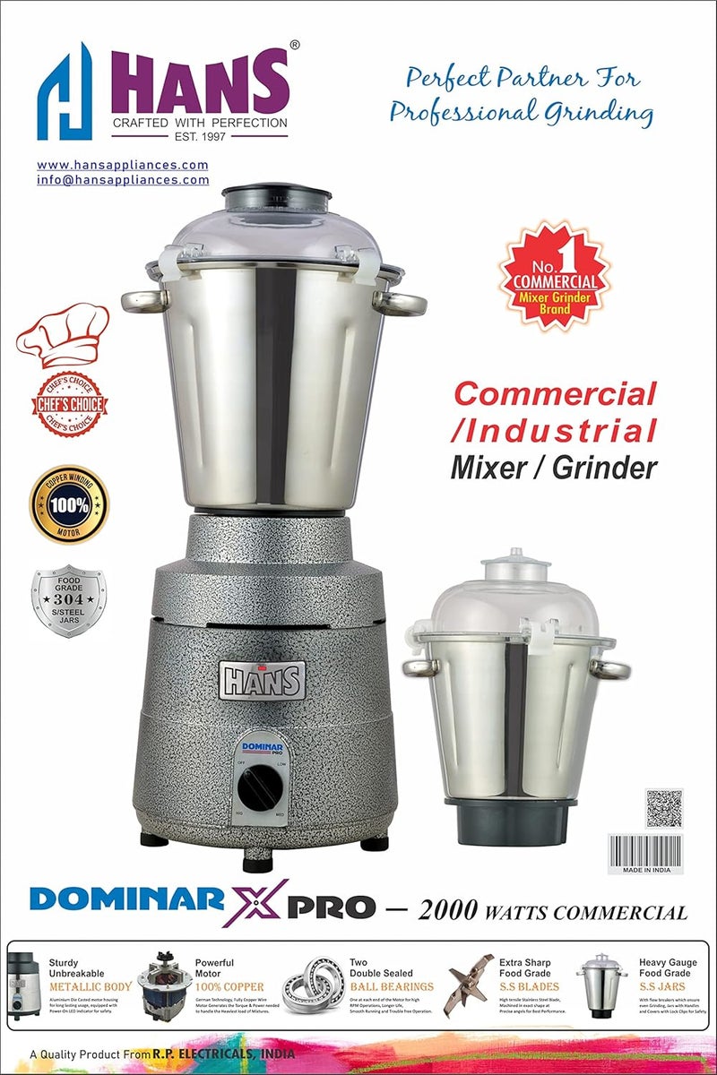 Hans HANS Dominar X Pro 2000 Watts 2.8 HP Commercial Mixer Grinder With 2 Jar Heavy Duty Black Grey  - Image 4