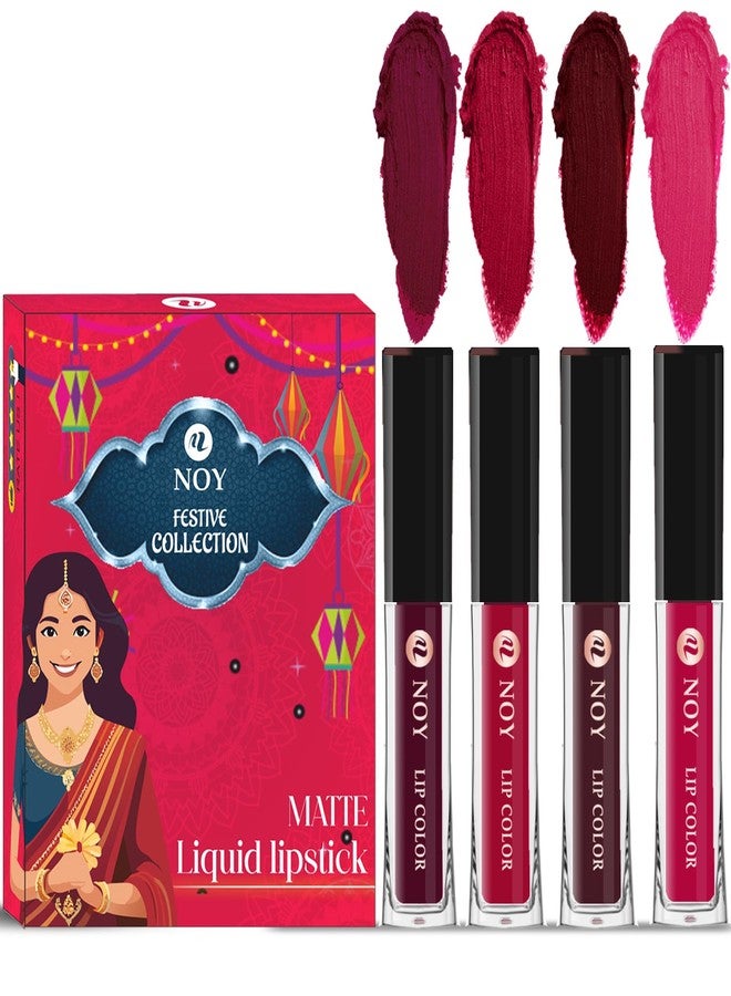 Noy Festival Collection 4 Liquid Matte Lipsticks for 2024 Wine, Cherry Pink, Coffee Wine, Magenta Shades - Image 1