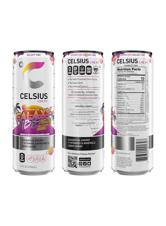 CELSIUS مشروب الطاقة الخالي من السكر جالاكسي فايب بنكهة الفراولة والبطيخ الفوار، 12 أونصة سائلة (عبوة من 12) - Image 2