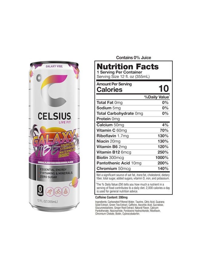 CELSIUS مشروب الطاقة الخالي من السكر جالاكسي فايب بنكهة الفراولة والبطيخ الفوار، 12 أونصة سائلة (عبوة من 12) - Image 3