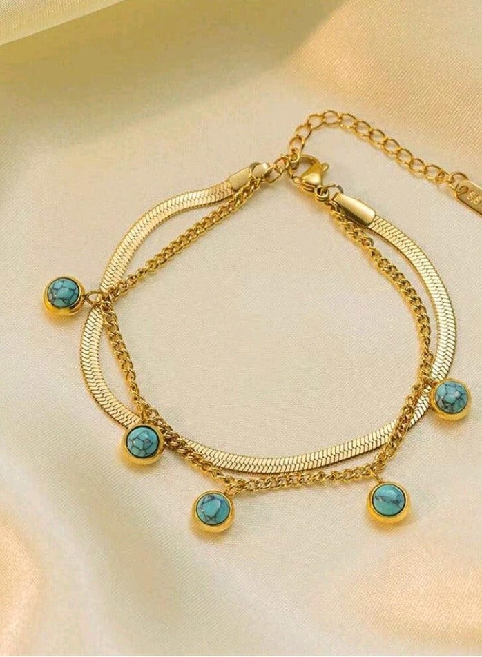 High Quality Stainless Steel Trendy Bracelet For Women Inlaid With Natural Turquoise Stone  - Image 5