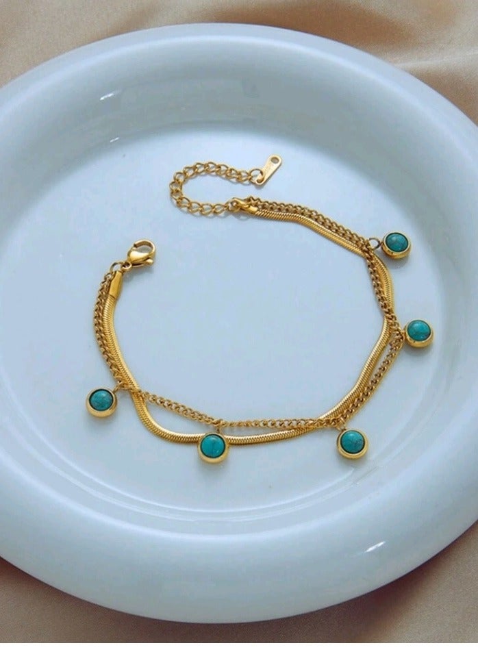 High Quality Stainless Steel Trendy Bracelet For Women Inlaid With Natural Turquoise Stone  - Image 3