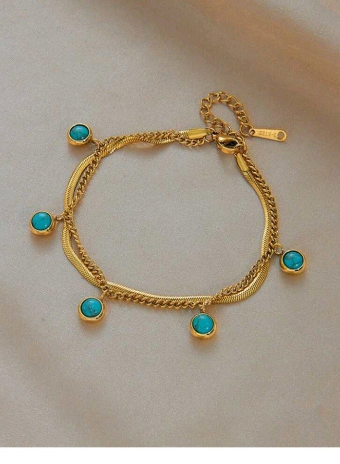 High Quality Stainless Steel Trendy Bracelet For Women Inlaid With Natural Turquoise Stone  - Image 1