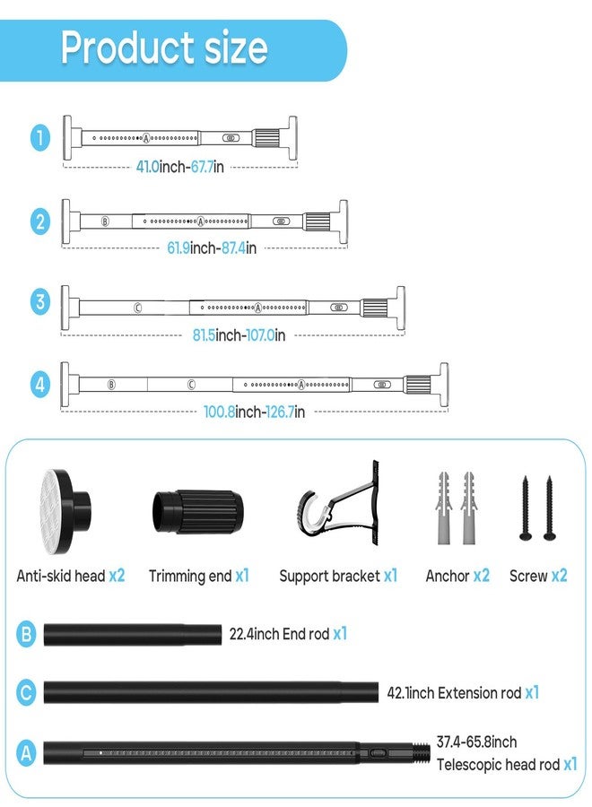 WEIXINHAI 2pack Tension Curtain Rod 41-126 In(4-10Ft) Long Shower Curtain Rods No Drilling Outdoor Tension Rods For Patio Black Shower Rod For Window Or Bathroom，Rod Diameter 1.26in-One-Bond Stretching - Image 2