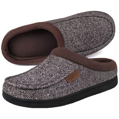 ULTRAIDEAS Men's House Slippers, Indoor Outdoor House Shoes with Non-slip Rubber Sole, Summer Breathable Cotton Blend & Winter Warm Fuzzy Moccasin Slippers, Machine Washable Memory Foam, Gift for Father(Coffee/Gray, 13-14) - Image 1