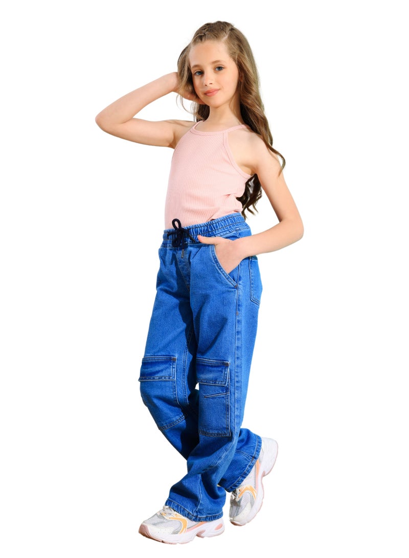 JBS DENIM Girls' Blue Wide Leg Cargo Jeans  - Image 4