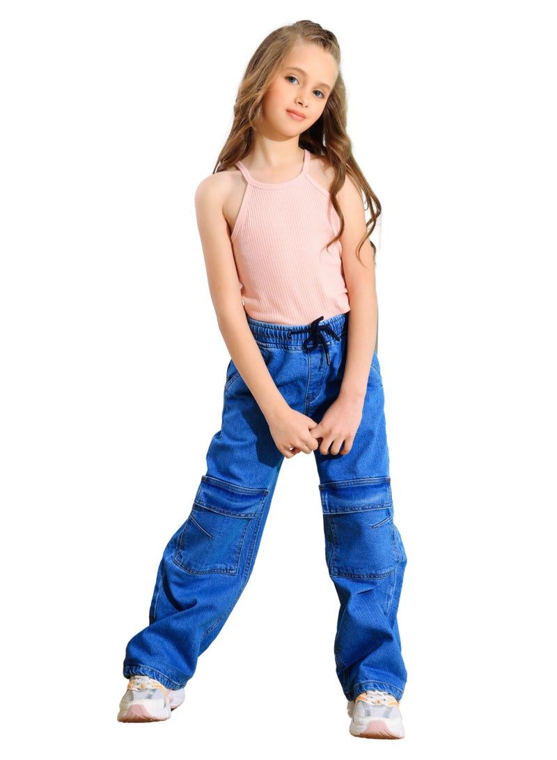JBS DENIM Girls' Blue Wide Leg Cargo Jeans  - Image 2