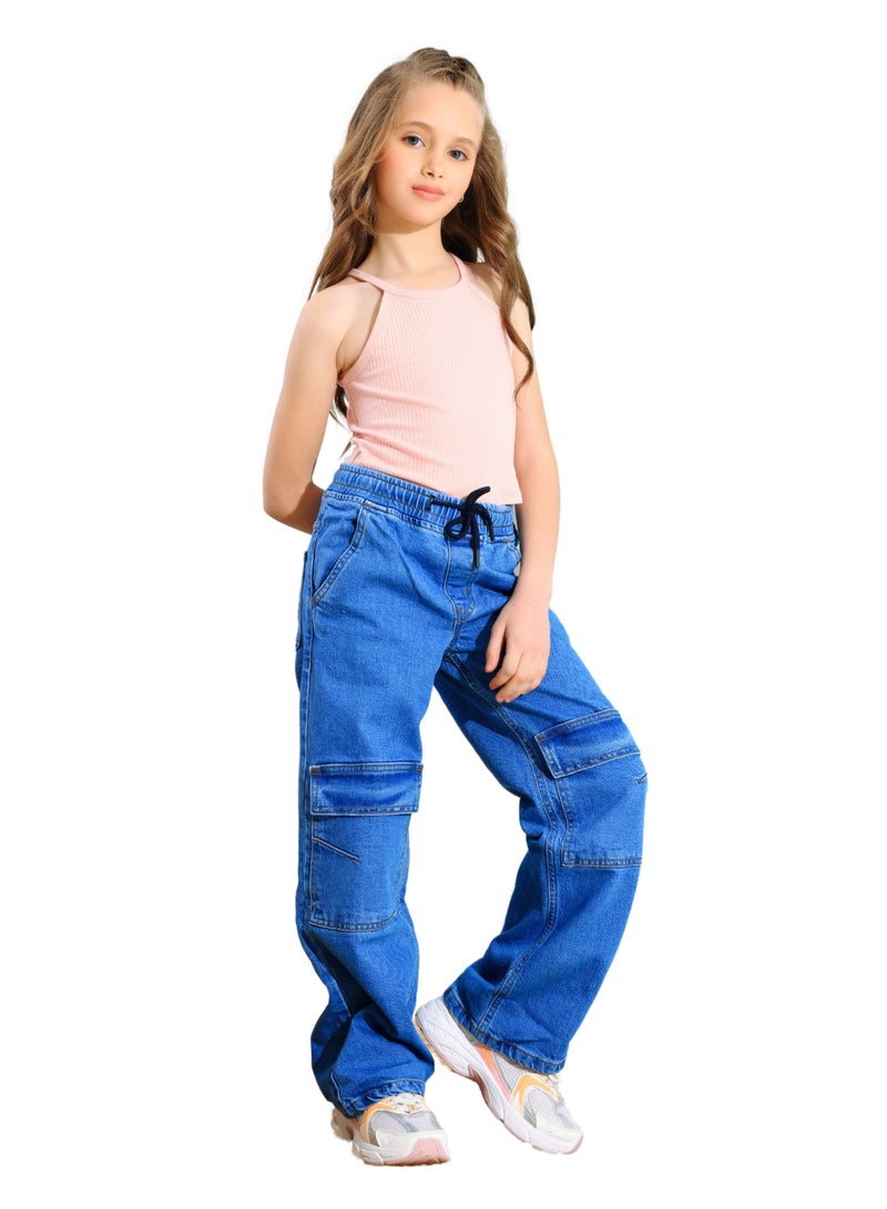 JBS DENIM Girls' Blue Wide Leg Cargo Jeans  - Image 3