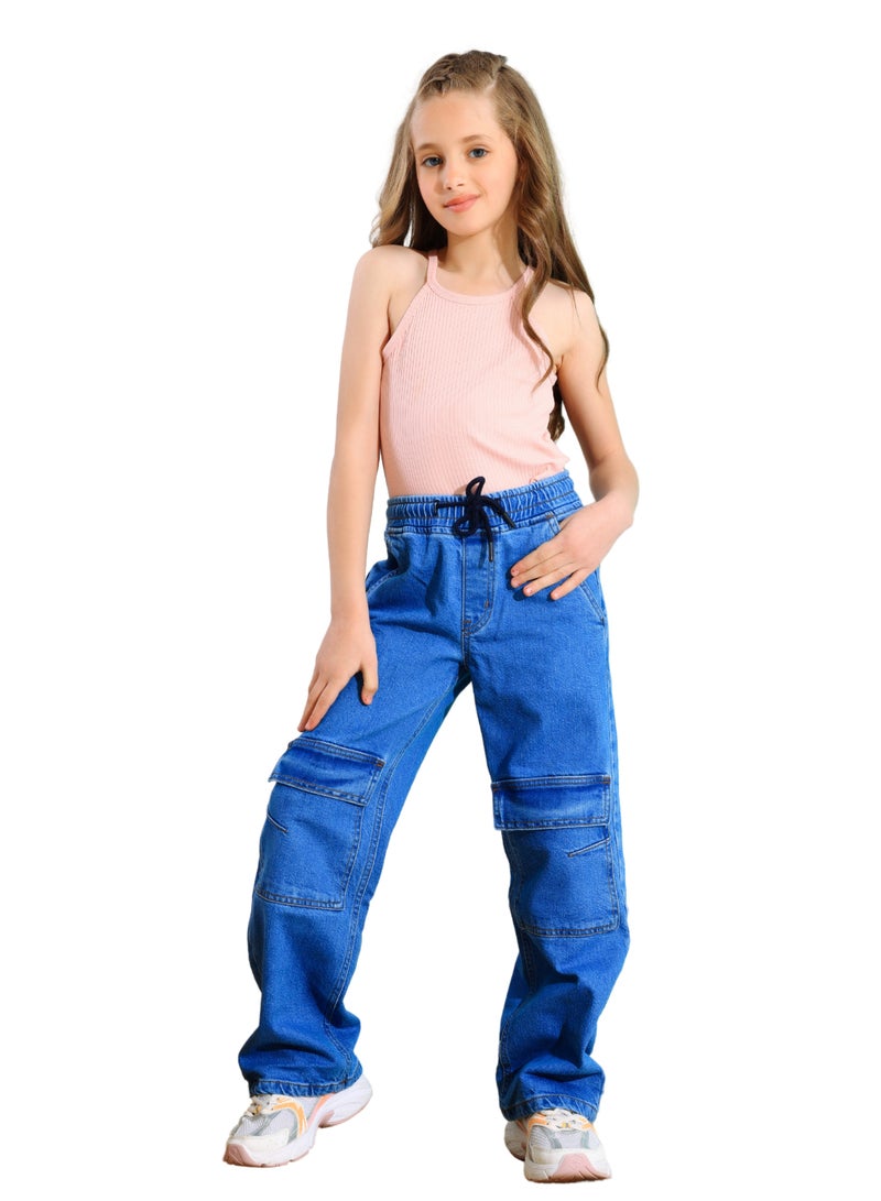 JBS DENIM Girls' Blue Wide Leg Cargo Jeans  - Image 1