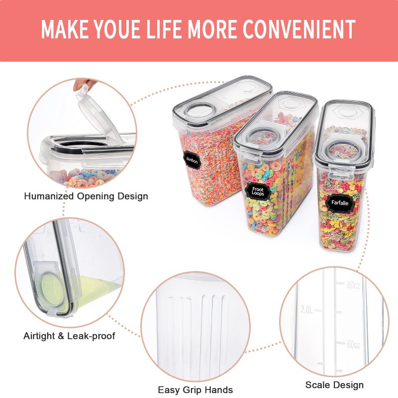 PRAKI PRAKI Large Dry Food Storage Containers with Lids, 6PCS Airtight Cereal Containers Storage Set, Leak-proof Canister Set for Kitchen Pantry Organization with 20 Labels & Marker (4L Black)  - Image 3