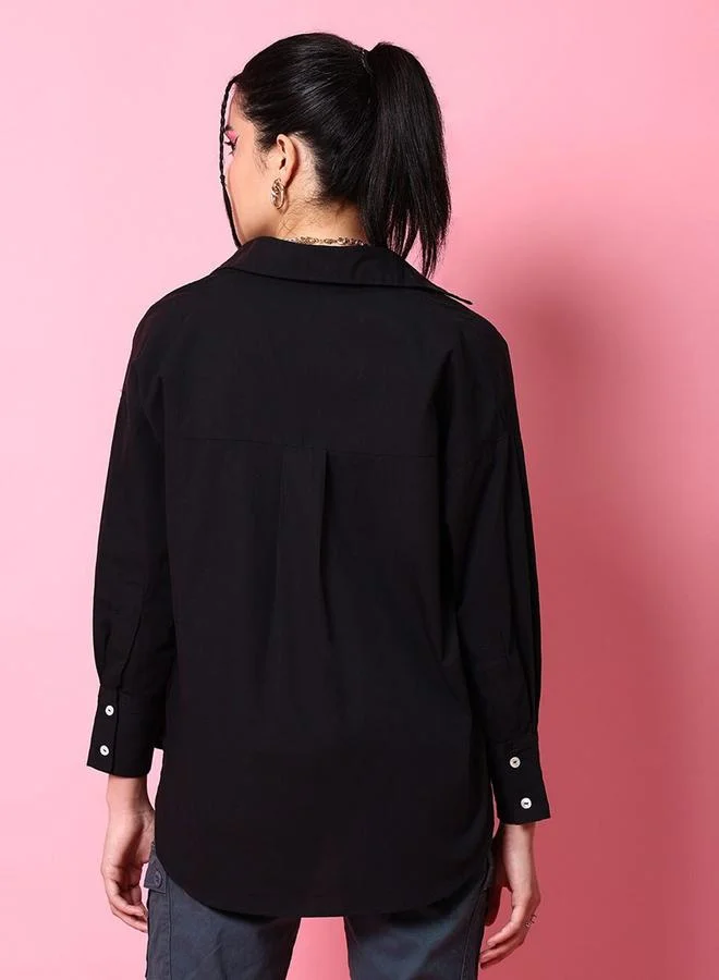 Freehand Freehand Women Black Cotton Oversized Shirt