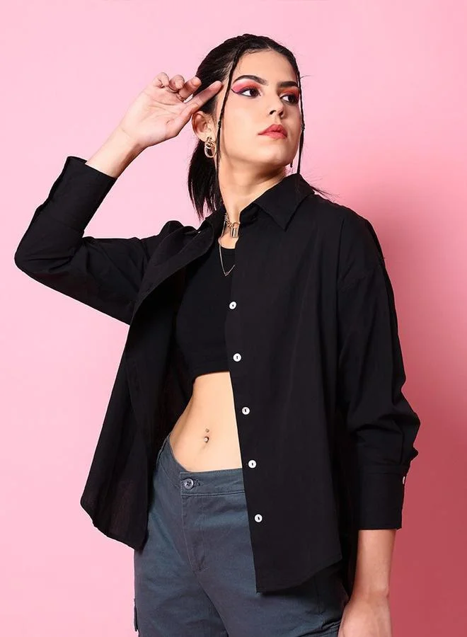 Freehand Freehand Women Black Cotton Oversized Shirt