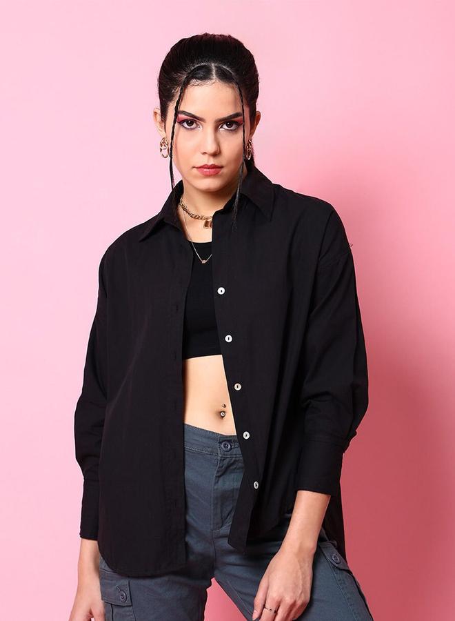 Freehand Women Black Cotton Oversized Shirt - Image 1