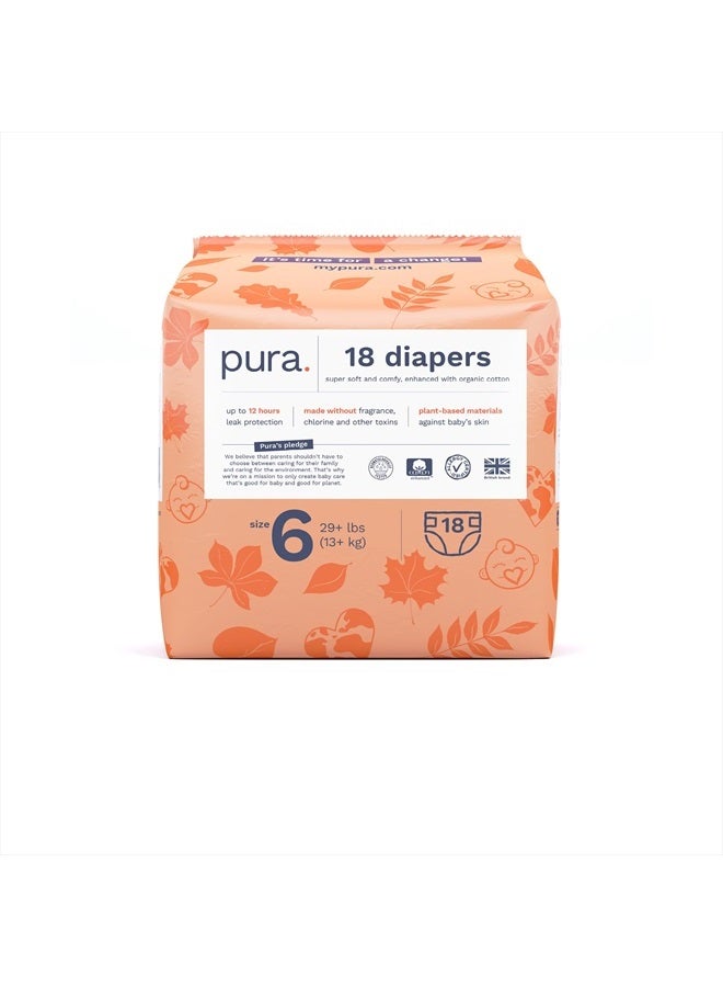 Pura Size 6 Eco-Friendly Diapers (29+ lbs) Totally Chlorine Free (TCF) Hypoallergenic, Soft Organic Cotton, Sustainable, up to 12 Hours Leak Protection, Allergy UK, 1 Packs of 18 Diapers - Image 1