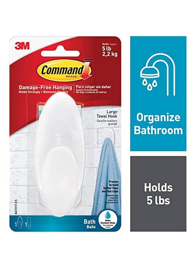 Command Towel Large Hook Clear Frosted 1 Hook+ 2 Strips Pack Holds 2.2Kg White Color Water Resistant Strips Organize Decoration No Tools Holds Strongly Damage Free Hanging - Image 1
