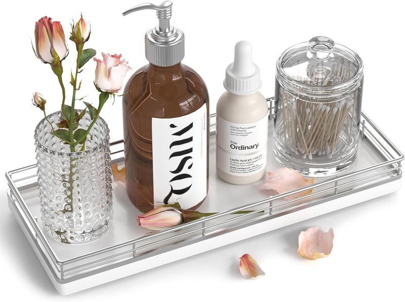 Focusonit Bathroom Counter Tray Oak Wood 11.2 Inch Jewelry Candle Makeup Perfume Holder for Coffee Table Decoration Bar Silver - Image 1
