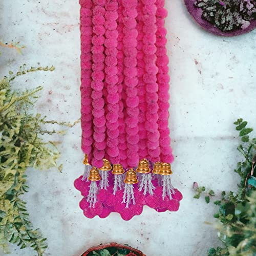 Abhaas 10Ps Handmade Artificial Marigold Flower Garland For Door Decoration Toran Genda Phool For Wedding/Festivals Diwali Christmas With Bells And Rajnignadha (Pink/ 5 Ft/10Pc), 152 Cm - Image 1