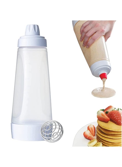 Pancake Batter Hand Mixing Bottle Dispenser for Dough Cupcake Waffle Pancakes Mixer with Wire Whisk Mix Ball (White)