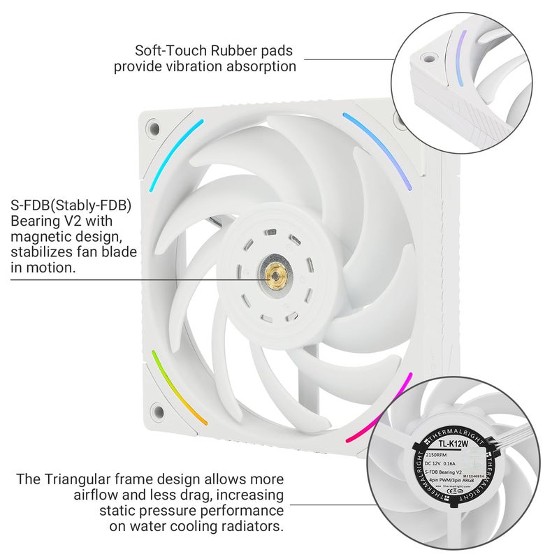 Thermalright TL-K12W, Computer Case Fan,High Performance 120mm PWM Cooler Fan,PC PWM Silent Fan with 2150RPM Speed, White CPU Cooling Fan - Image 4