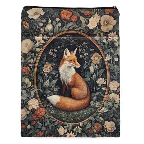 MQPPKJ Vintage Flower Fox William Morris Book Sleeve for Book Lovers, Bookish Book Protector with Zipper, Washable Fabric Book Cover for Paperbacks & Hardcovers,11.4 x 9.1Inches (White Flower-Fox, Medium) - Image 1