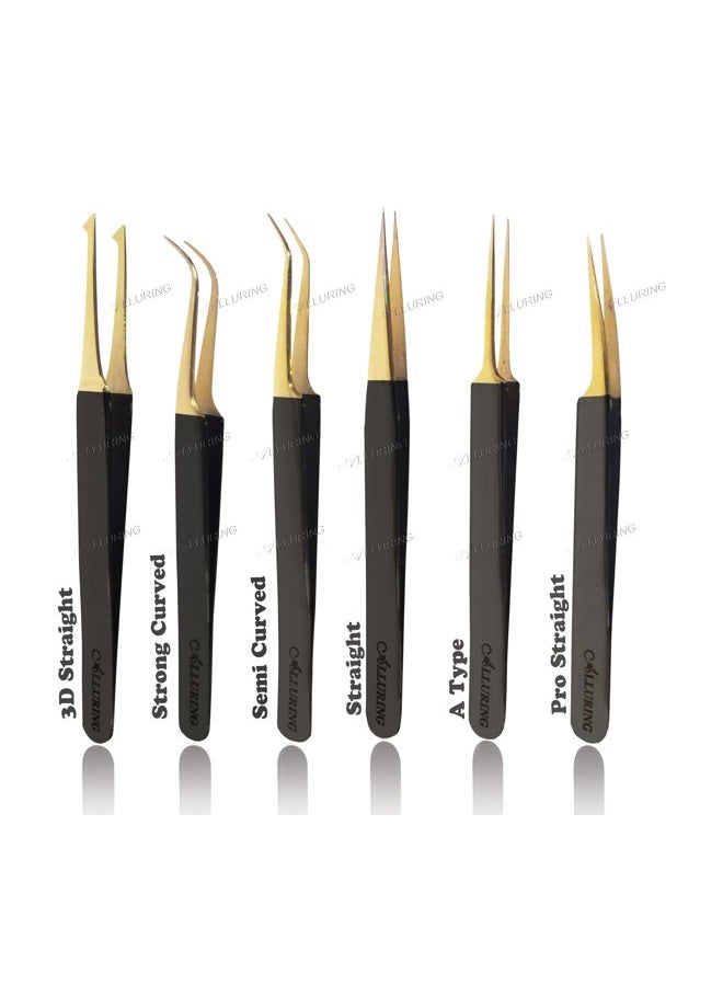 Alluring Black with Gold Tip Tweezers for Eyelash Extension - Pro Straight - Image 1