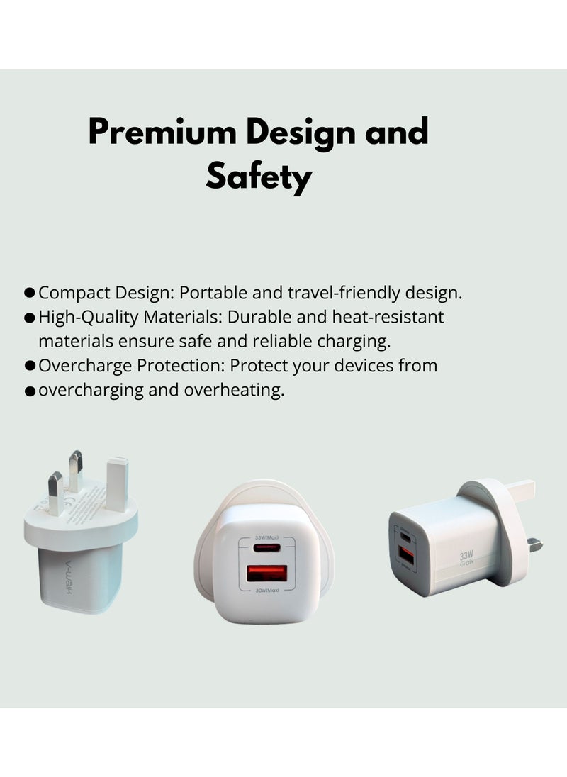 V-Walk - 33W Gan Fast Charger + Type-C Cable included, Compact & Powerful, PD + QC 3.0 port, smart adaptive charging, ultra-compact design, and advanced safety features. - Image 1