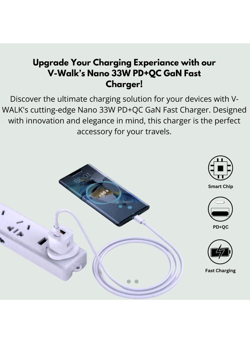 V-Walk - 33W Gan Fast Charger + Type-C Cable included, Compact & Powerful, PD + QC 3.0 port, smart adaptive charging, ultra-compact design, and advanced safety features. - Image 1