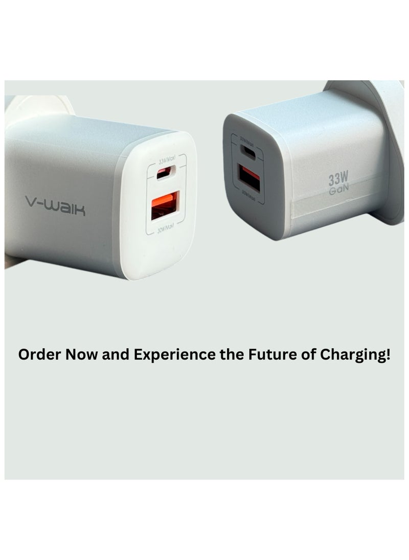 V-Walk - 33W Gan Fast Charger + Type-C Cable included, Compact & Powerful, PD + QC 3.0 port, smart adaptive charging, ultra-compact design, and advanced safety features. - Image 1