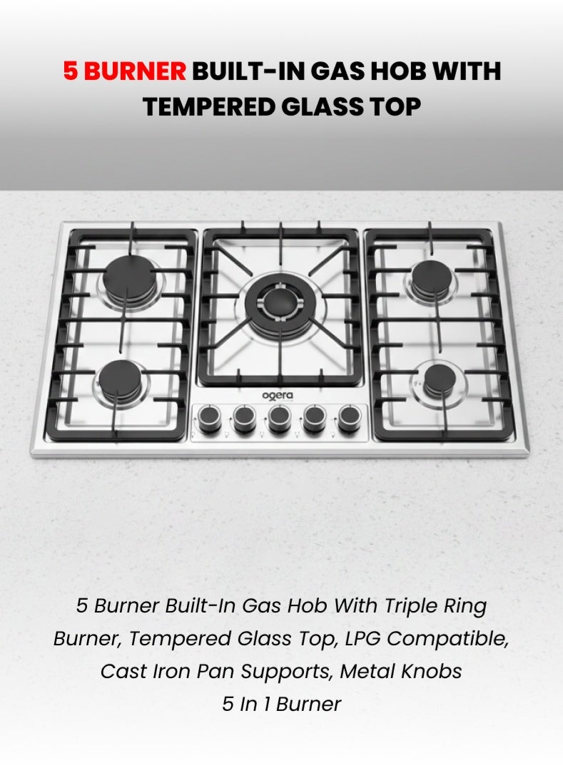 أوجيرا موقد غاز مدمج بـ 5 شعلات مع سطح زجاج مقوّى | شعلة ثلاثية الحلقة عالية القدرة، شعلات سريعة وشبه سريعة | لهب أزرق قوي | استهلاك غاز منخفض وانبعاثات كربونية أقل | متوافق مع غاز LPG | مقابض معدنية يدوية | ضمان سنتين 5 شعلات في 1 - Image 1